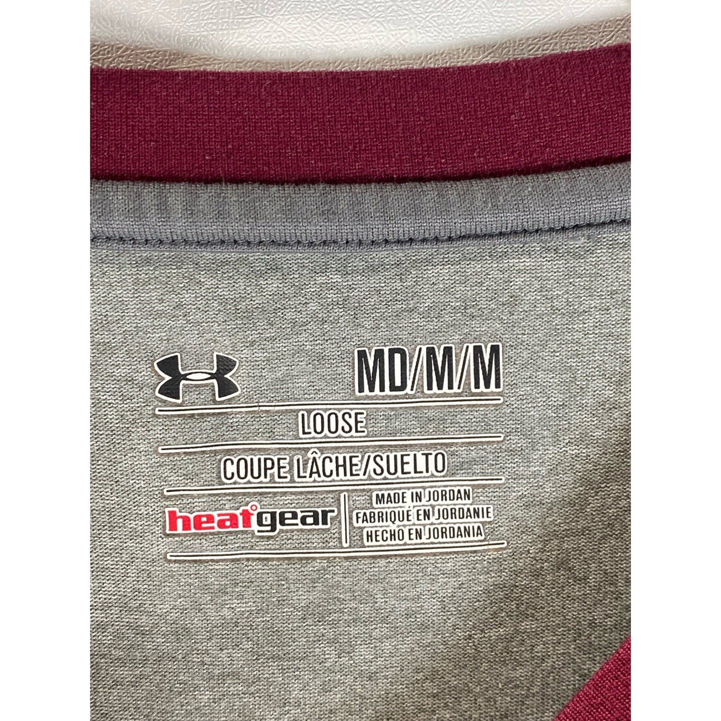 UNDER ARMOUR Men's Gray/Burgundy Crewneck Heatgear 3/4 Sleeve Tech T-Shirt SZ M