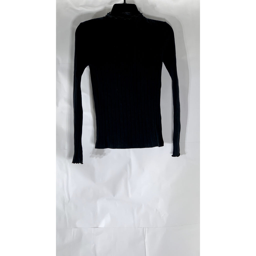MADEWELL Women's Black Wide-Rib Lettuce-Trim Mock-Neck Long Sleeve Top SZ XS