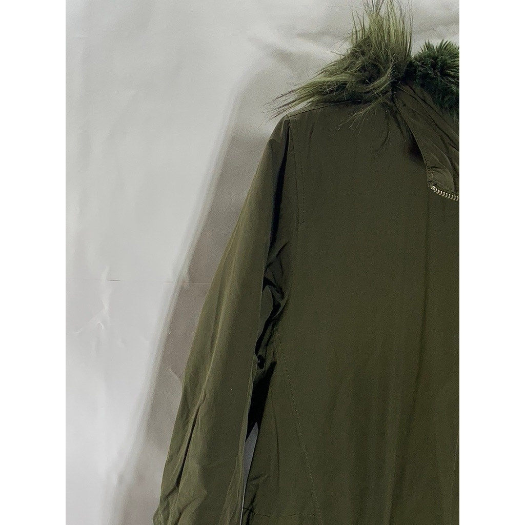MAVI DENIM WEAR Women's Green Olive Zip-Up Faux-Fur Hooded Back Parka Jacket SZS