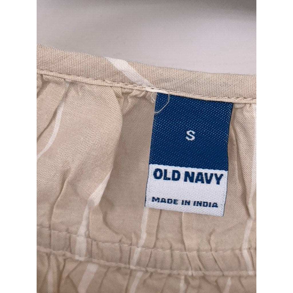 OLD NAVY Women's Beige-White Striped Shirred Flutter-Sleeve Keyhole Top SZ S