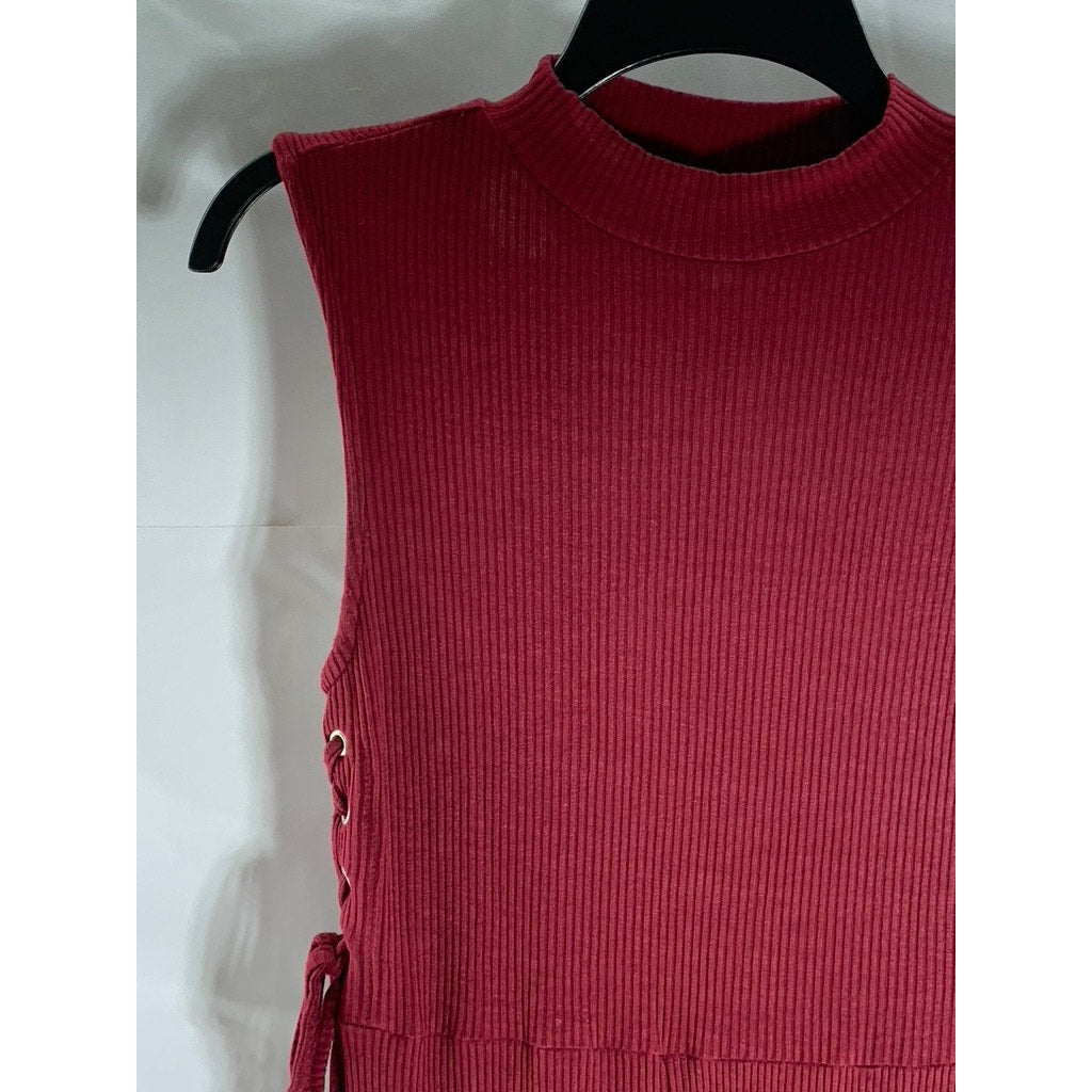 ASOS Women's Burgundy Ribbed Mock-Neck Sleeveless Ribbed Front-Slit Dress SZ 4
