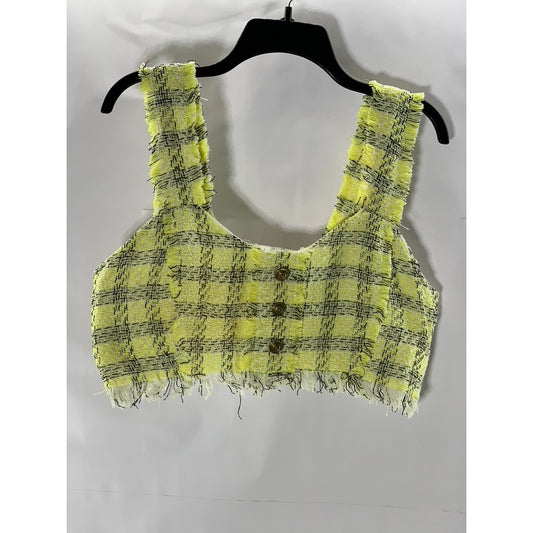 SHEIN Women's Yellow/Black Plaid Tweed Raw Cut Straight-Neck Crop Top SZ L