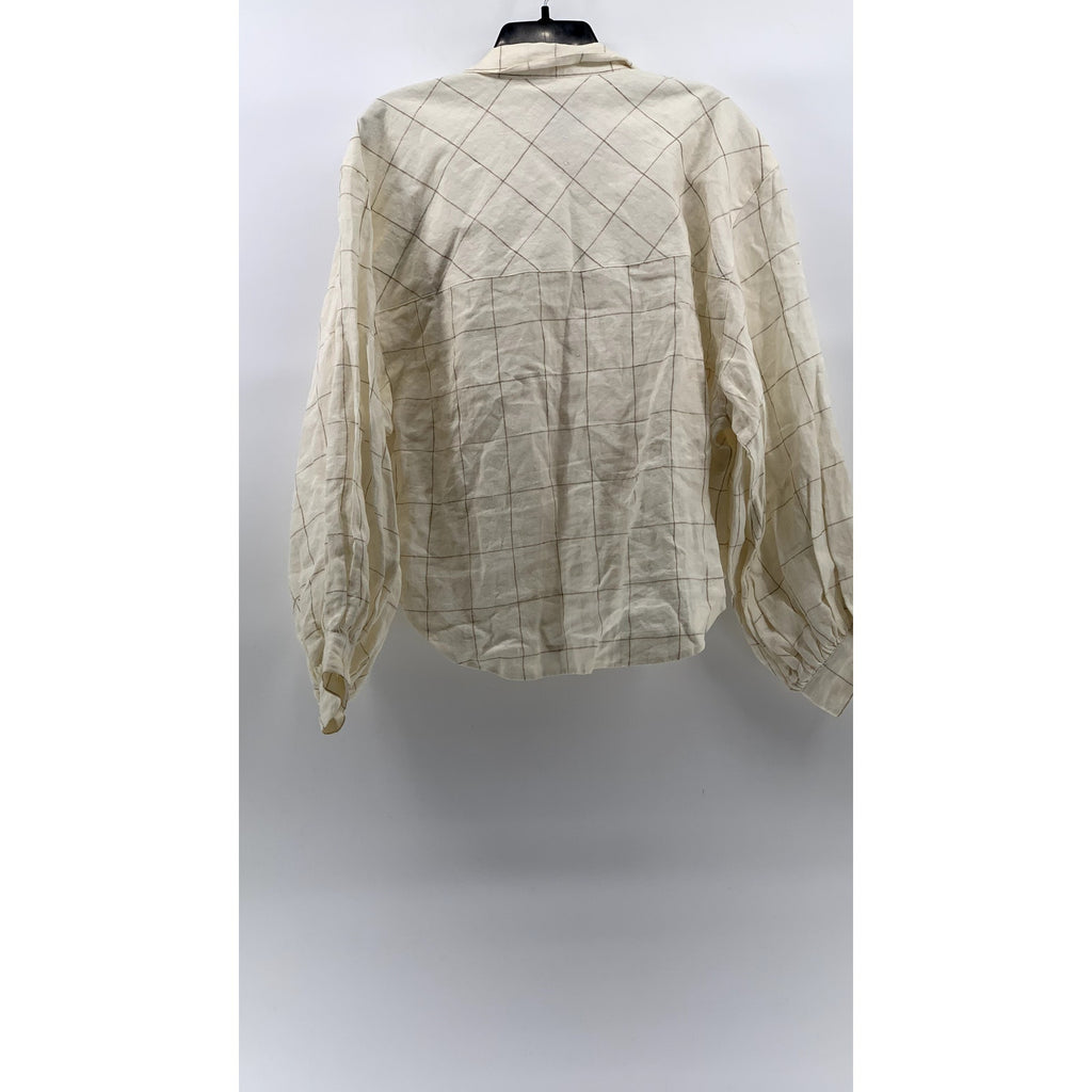 ROHE Women's Off-White Windowpane Linen Button-Up Long Sleeve Shirt SZ 42(US10)