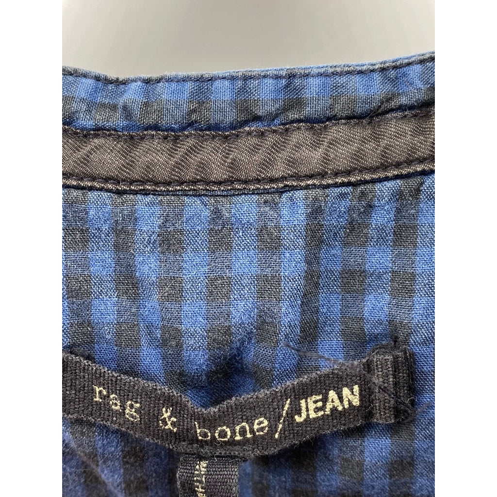 RAG & BONE/JEAN Women's Blue Gingham V-Neck Long Sleeve Classic Fit Blouse SZ M