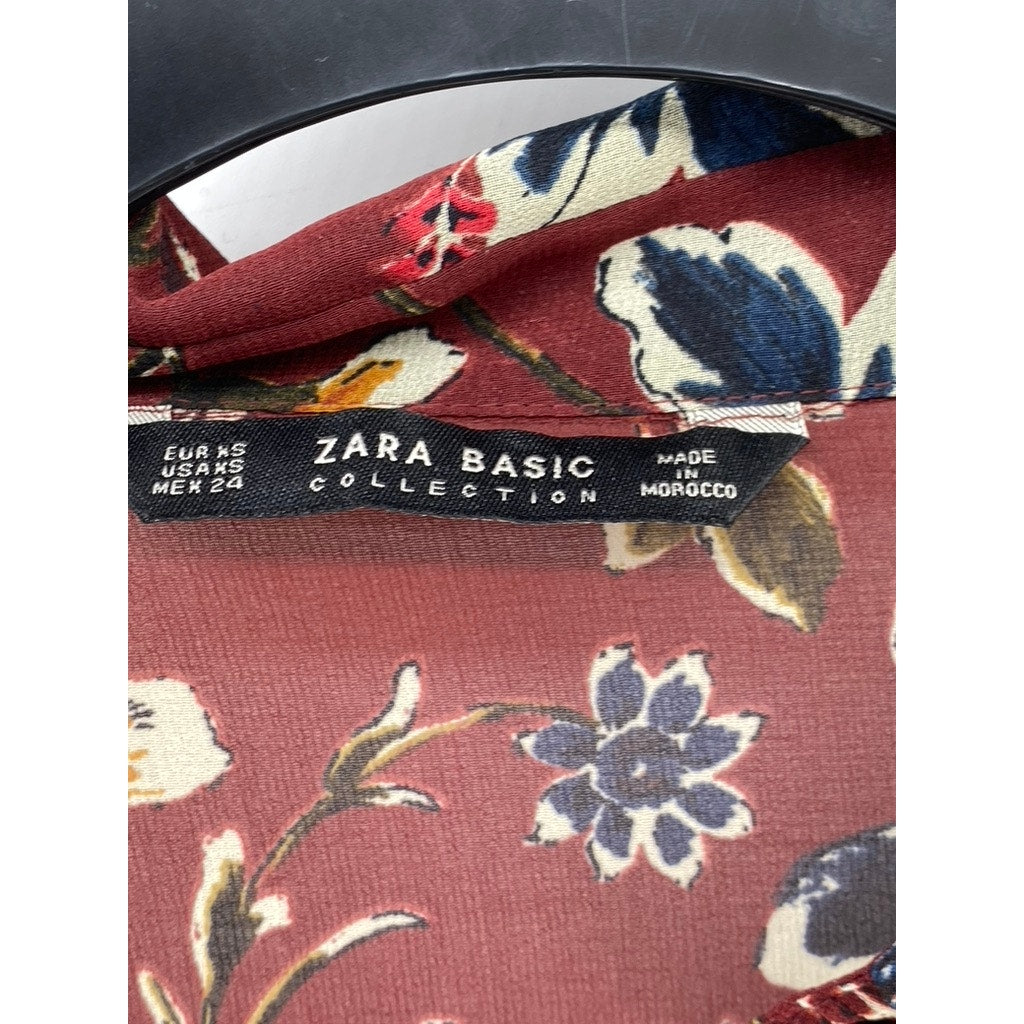 ZARA BASIC Women's Burgundy Floral Long Sleeve Button-Up Side-Slit Duster SZ XS