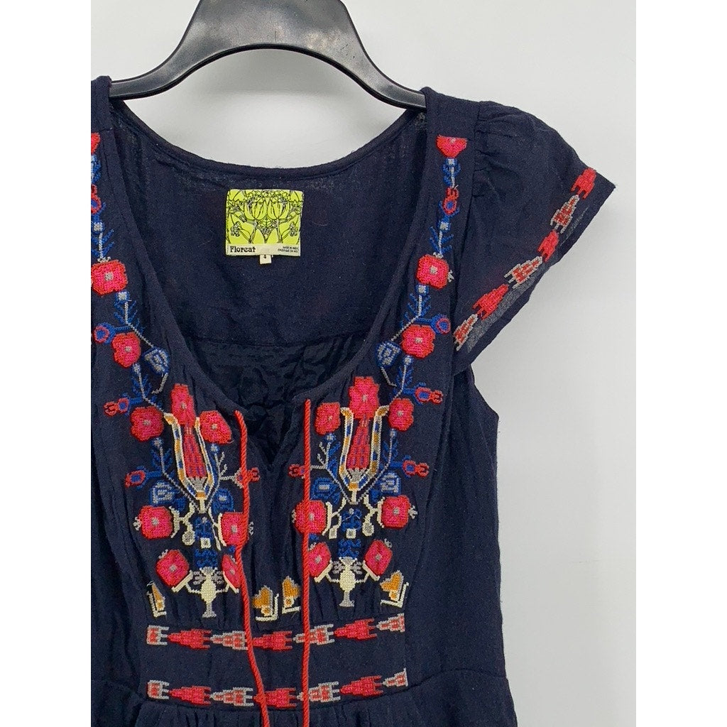 FLOREAT Women's Navy Embroidered Wool-Blend Short Sleeve Dress SZ 4