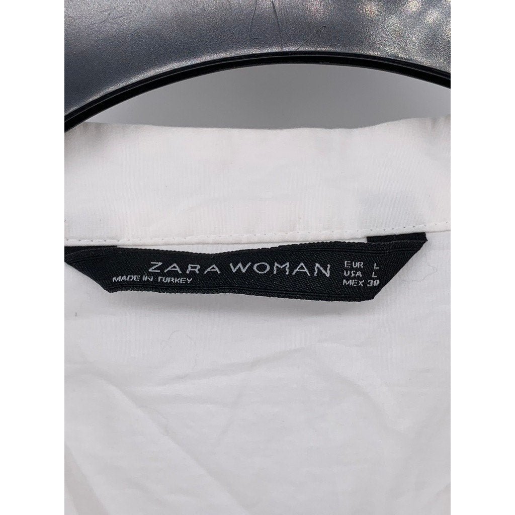 ZARA Women's White Long Sleeve Cotton Split Neck Button-Detail Tunic Top SZ L