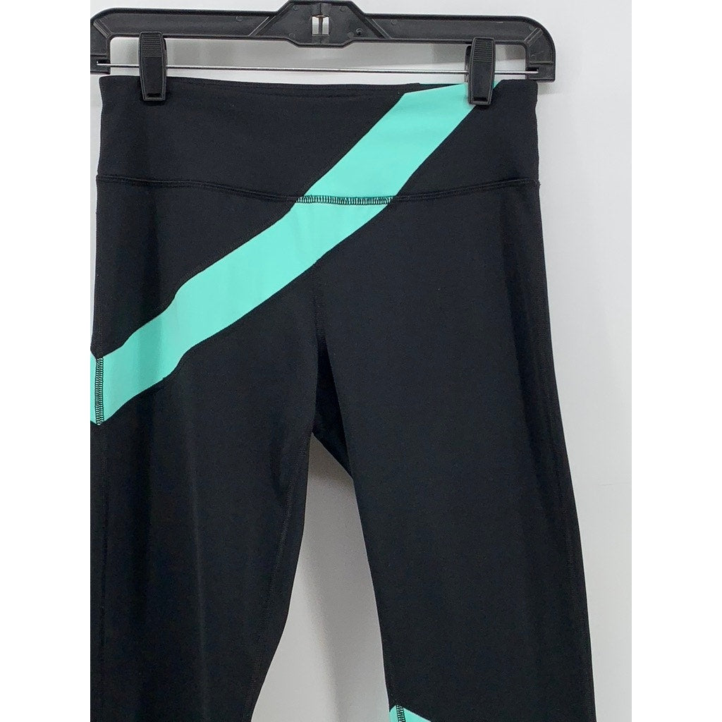 EXPCORE Women's Black-Teal Striped Cropped Leggings SZ S