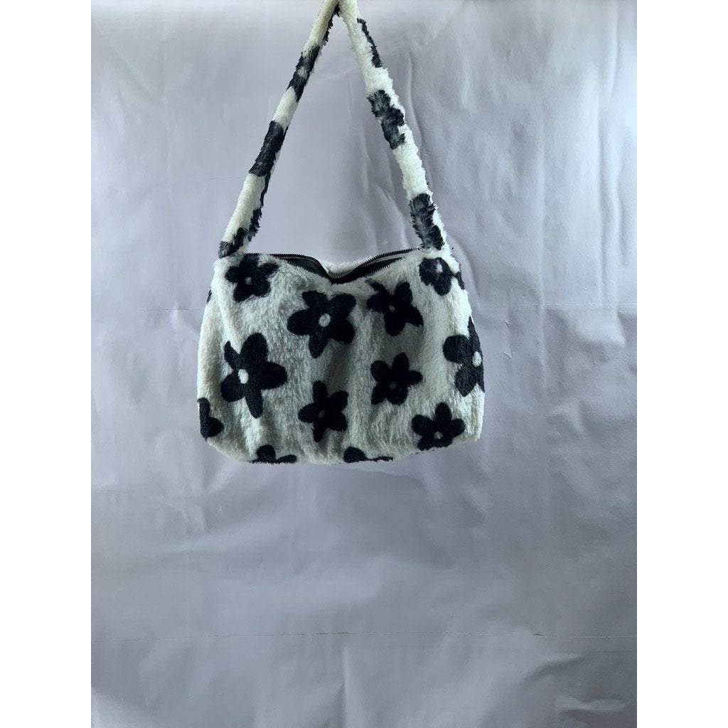 UNBRANDED Women's Black-White Floral Print Faux-Fur Shoulder Bag
