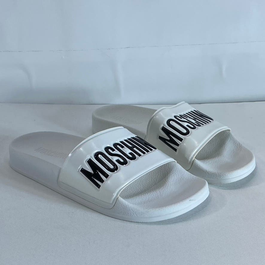 MOSCHINO Women's White/Black Oversized Logo Slip-On Pool Slide Sandals SZ 8