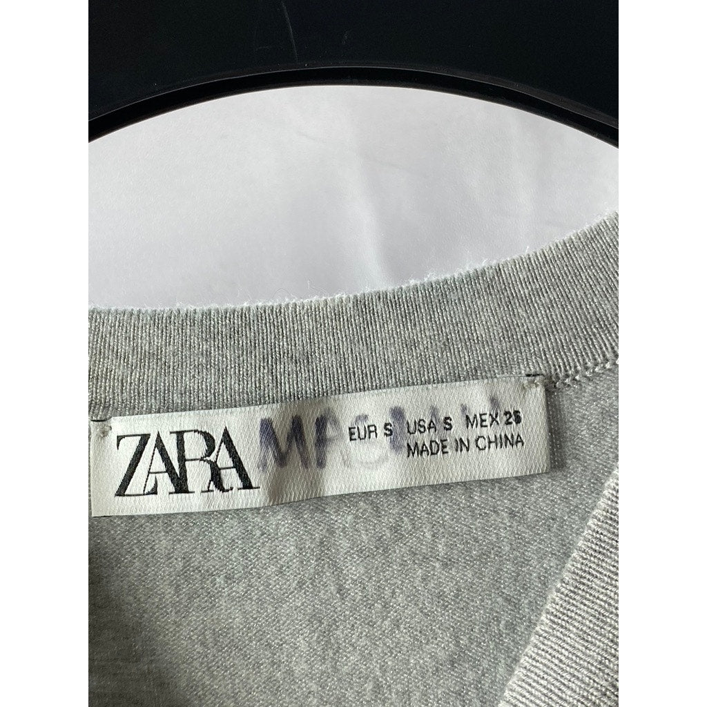 ZARA Women's Light Gray Crewneck Plain Knit Basic Short Sleeve Top SZ S