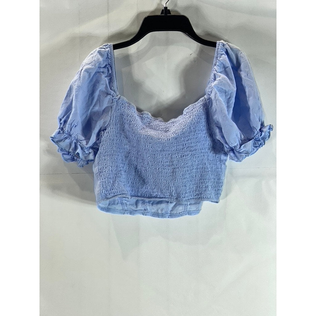 UNBRANDED Women's Light Blue Puff-Sleeve Smocked Crop Top SZ S