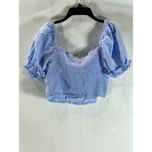 UNBRANDED Women's Light Blue Puff-Sleeve Smocked Crop Top SZ S