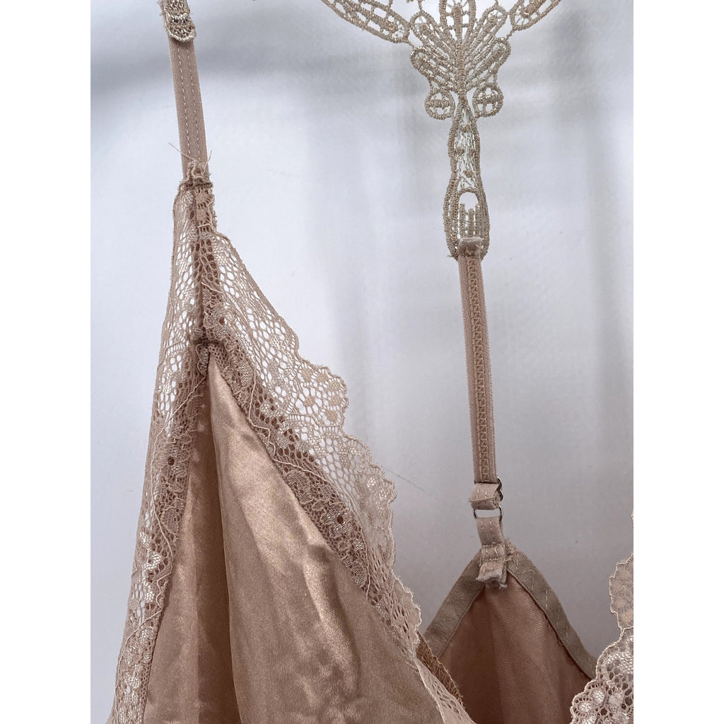 AVID LOVE Women's Beige Lace-Trim V-Neck Adjustable Strap Night Gown SZ L