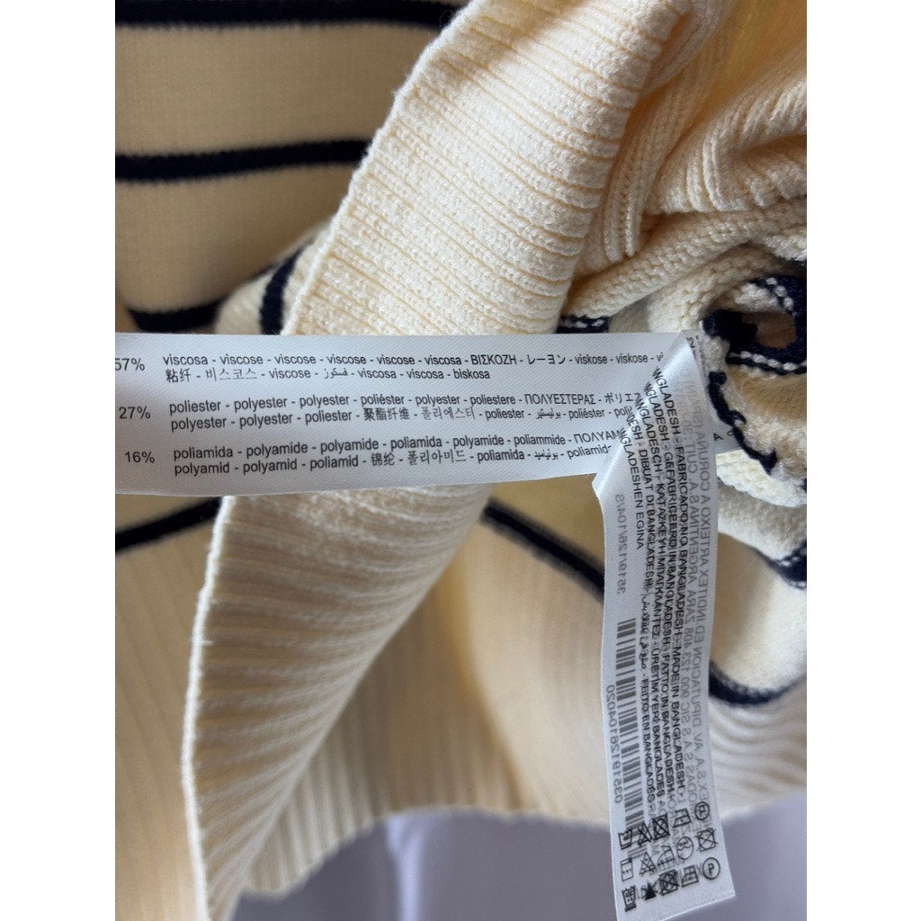 ZARA Women's Beige/Black Striped Crewneck Knit Long Sleeve Pullover Sweater SZ S