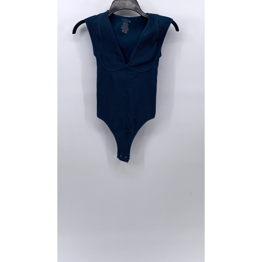 FREE PEOPLE INTIMATELY Women's Blue Ribbed V-Neck Cap Sleeve Bodysuit SZ XS/S