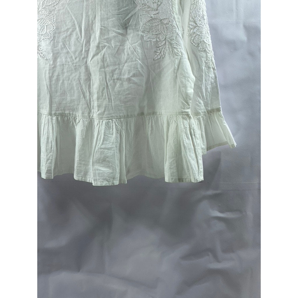 NEW LOOK Women's Petite White Crewneck Floral Cutwork Long Sleeve Ruffle Top SZ6