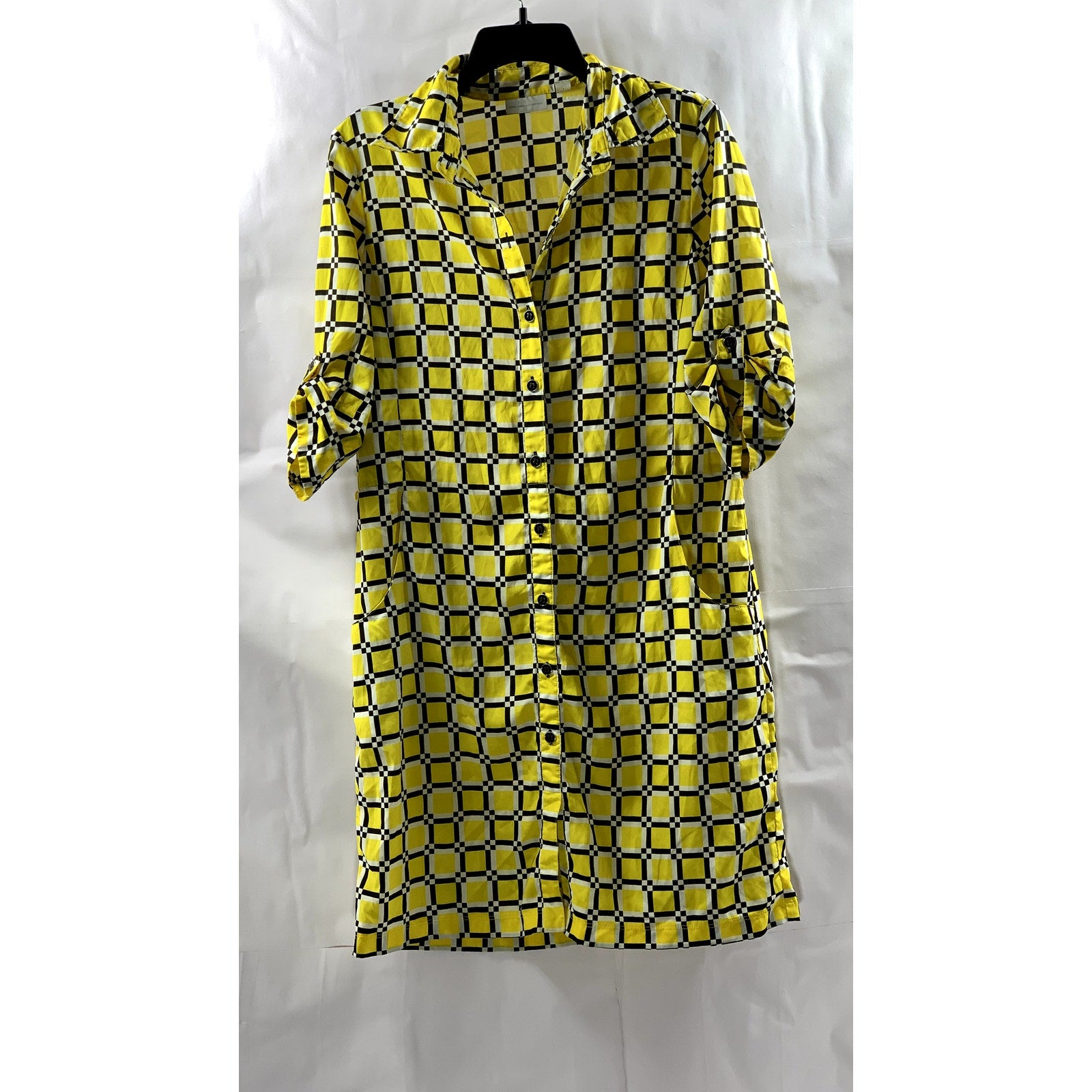 NEW YORK & COMPANY Women's Yellow/Black Honeycomb Button-Up Shirt Dress SZ M
