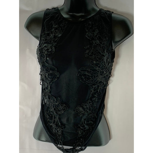 BLUEBELLA Women's Black Etienne Mesh Embroidered Lace Backless Bodysuit SZ M