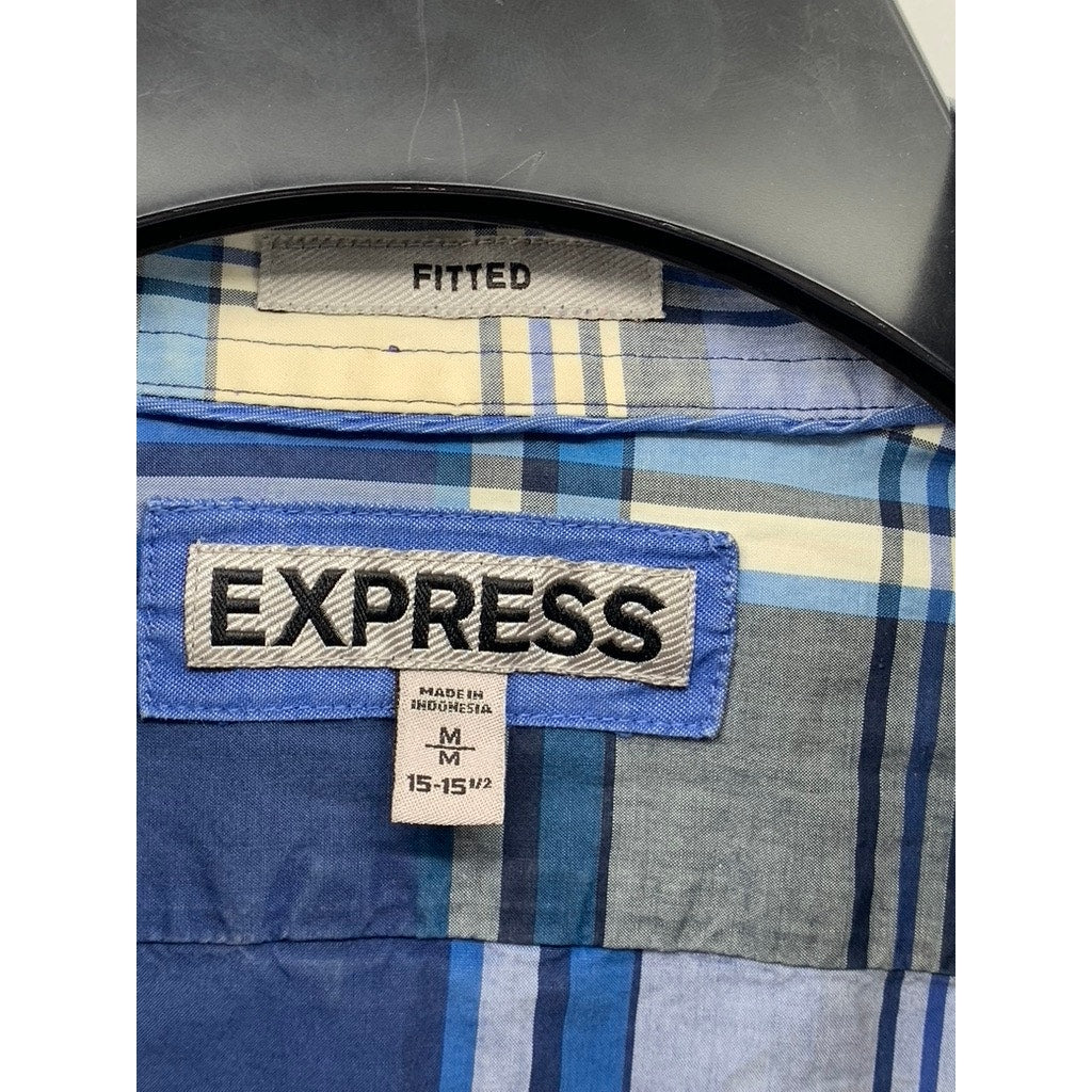 EXPRESS Men's Blue-White Plaid Fitted Cotton Button-Up Long Sleeve Shirt SZ M