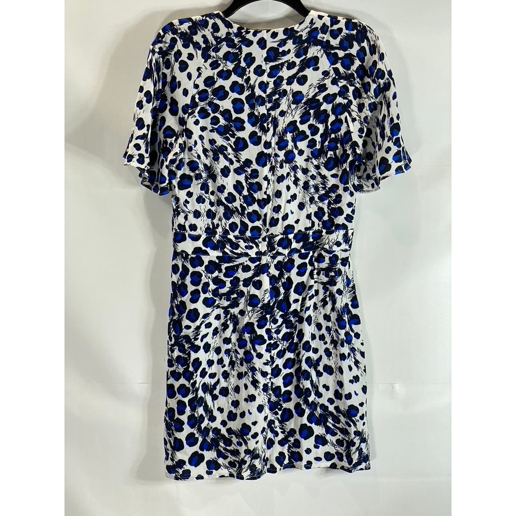 WHISTLES Women's Blue Brushed Leopard Button V-Neck Short Sleeve Dress SZ 8