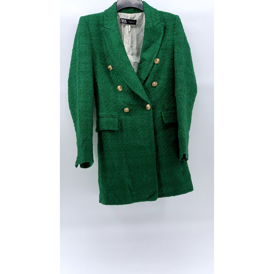 ZARA Women’s Dark Green Tweed Double-Breast Long Sleeve Peak Collar Blazer SZ XS