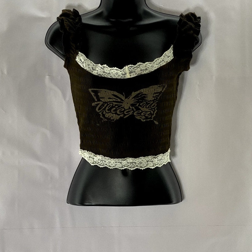 PROD Women's Dark Brown Butterfly Lace Trim Smocked Ruffle-Sleeve Crop Top SZ XS