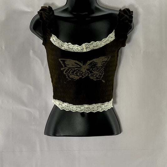PROD Women's Dark Brown Butterfly Lace Trim Smocked Ruffle-Sleeve Crop Top SZ XS