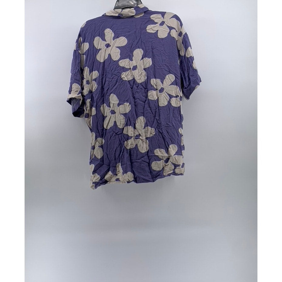 JACK & JONES Men's Blue-White Jorlagos Floral Button-Up Short Sleeve Shirt SZ L