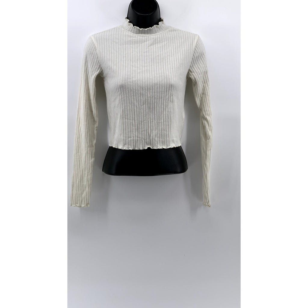 BP. Women's White Ribbed Lettuce-Trim Mock-Neck Crop Top SZ XS