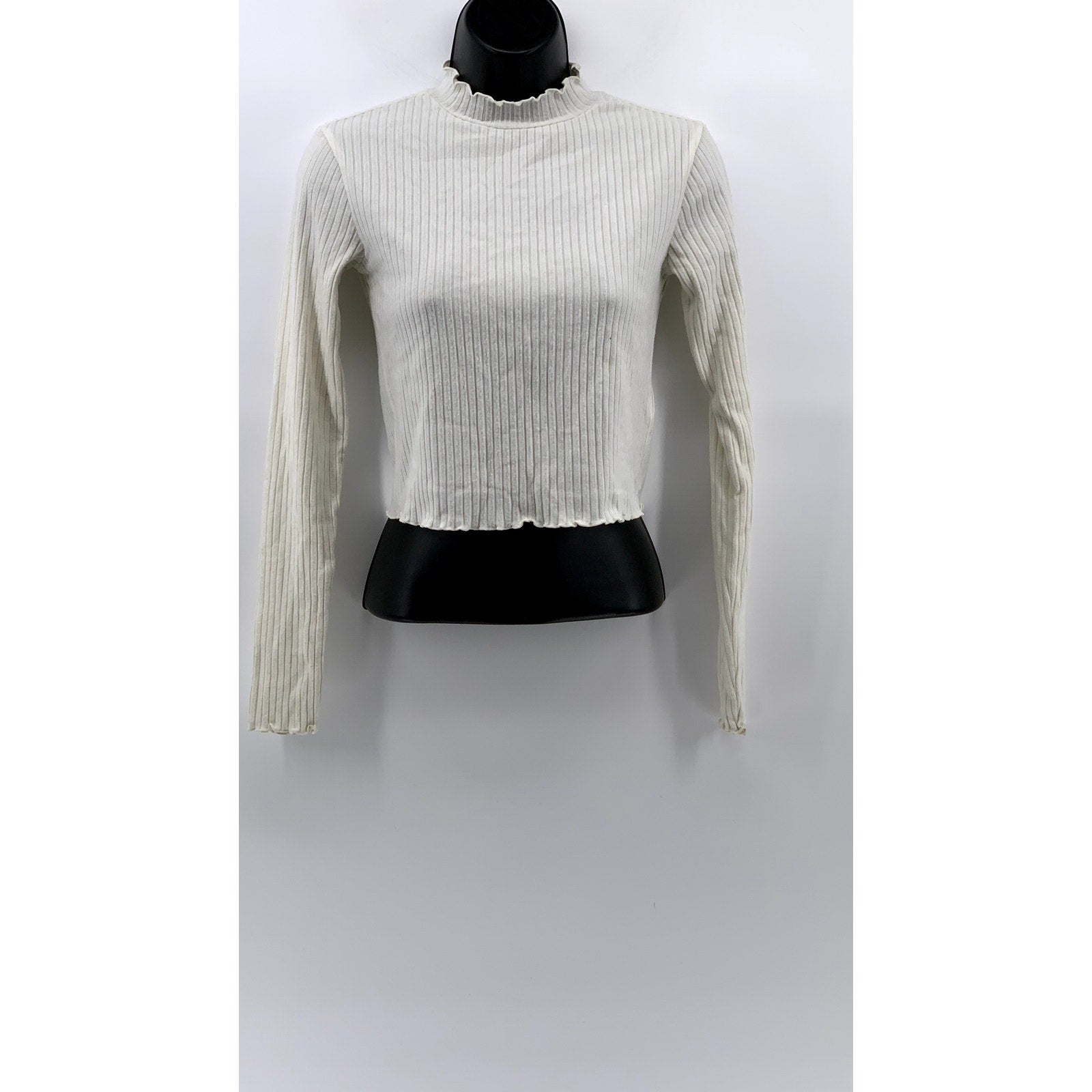 BP. Women's White Ribbed Lettuce-Trim Mock-Neck Crop Top SZ XS