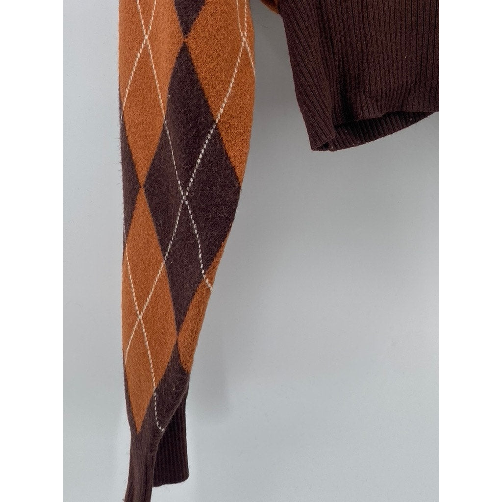 APEA Women's Brown-Orange Plaid Puff Long Sleeve Cropped Cardigan SZ M