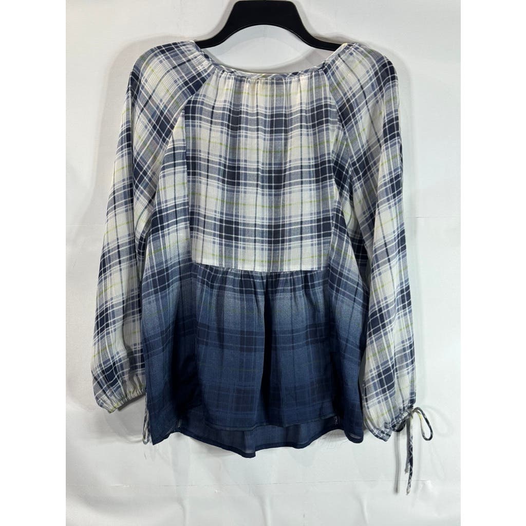 PRINCESS VERA WANG Women's Blue/White Ombre Plaid Tie-Cuff Long Sleeve Top SZ S