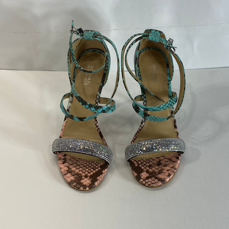 MICHAEL MICHAEL KORS Women's Teal/Tan Astrid Embellished Snake Sandals SZ 6.5