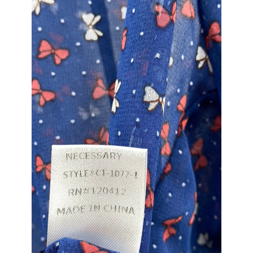COTTON CANDY Women's Blue Mini Bow Print Button-Up Long Sleeve Sheer Top SZ M