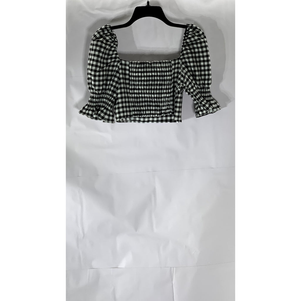 DIVIDED By H&M Women’s Black-White Checkered Sweetheart Neck Puff Crop Top SZ S