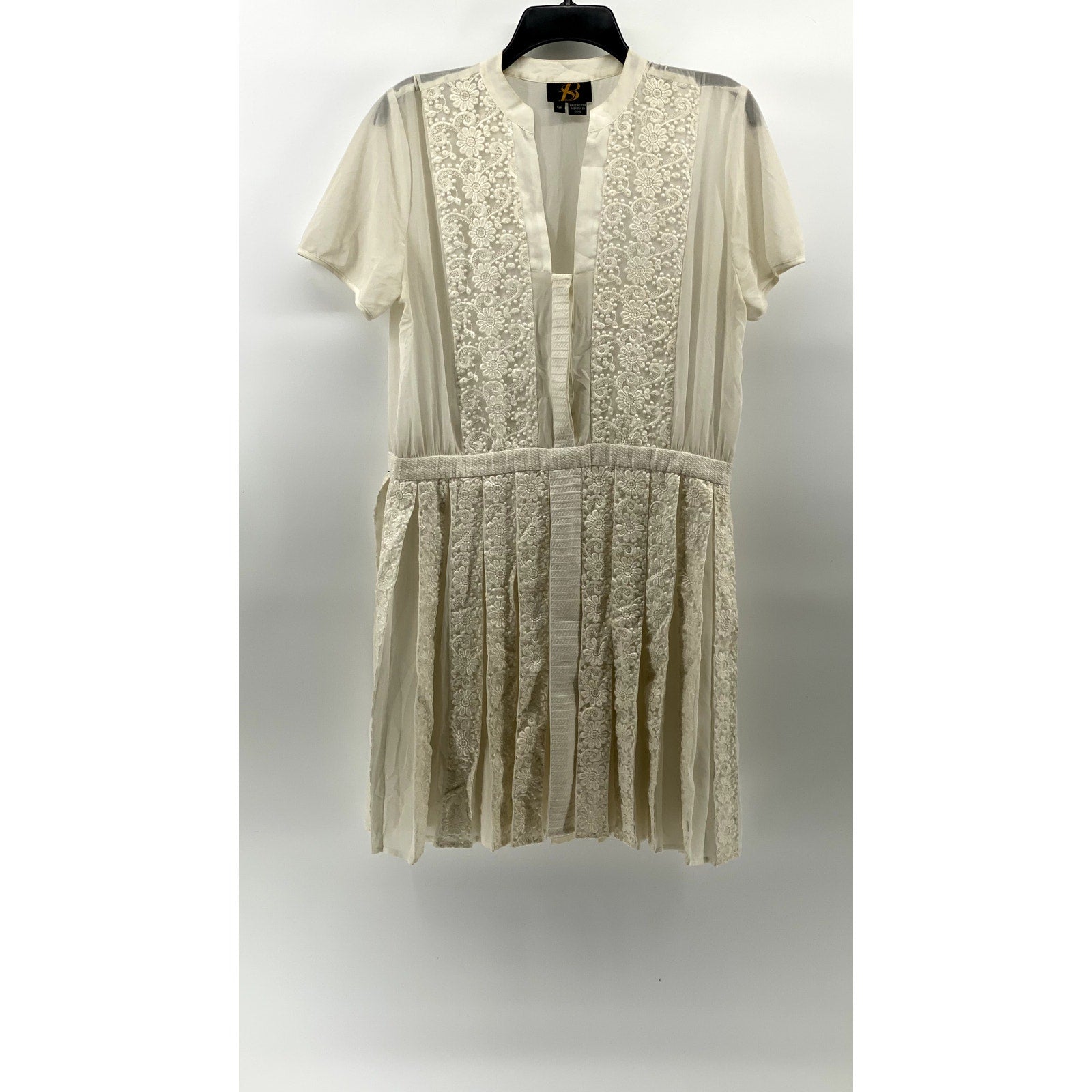 S&B Women's Petite Cream Knit Sheer Pleated Cinched Knee-Length Dress SZ 12P