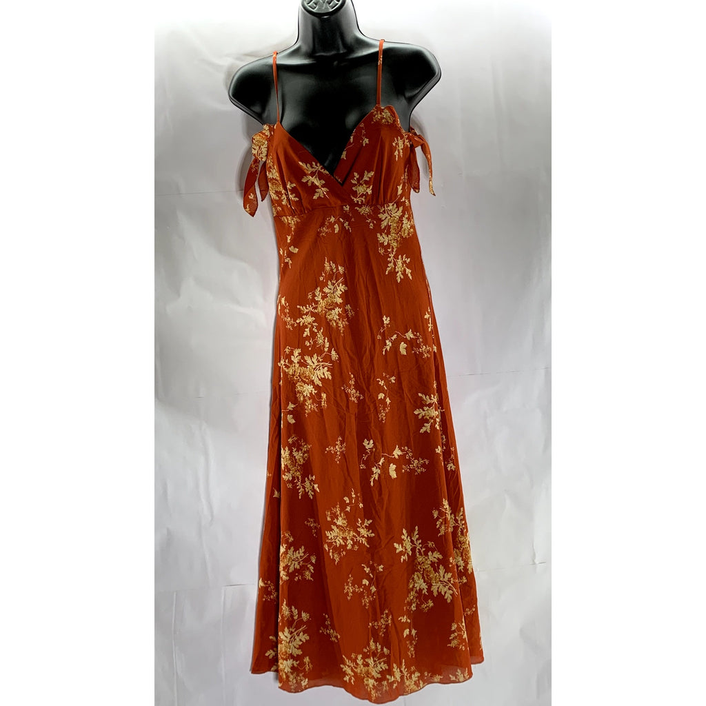 SIMPLE RETRO Women's Red Satin Floral Tall Strappy V-Neck Midi Dress SZ S