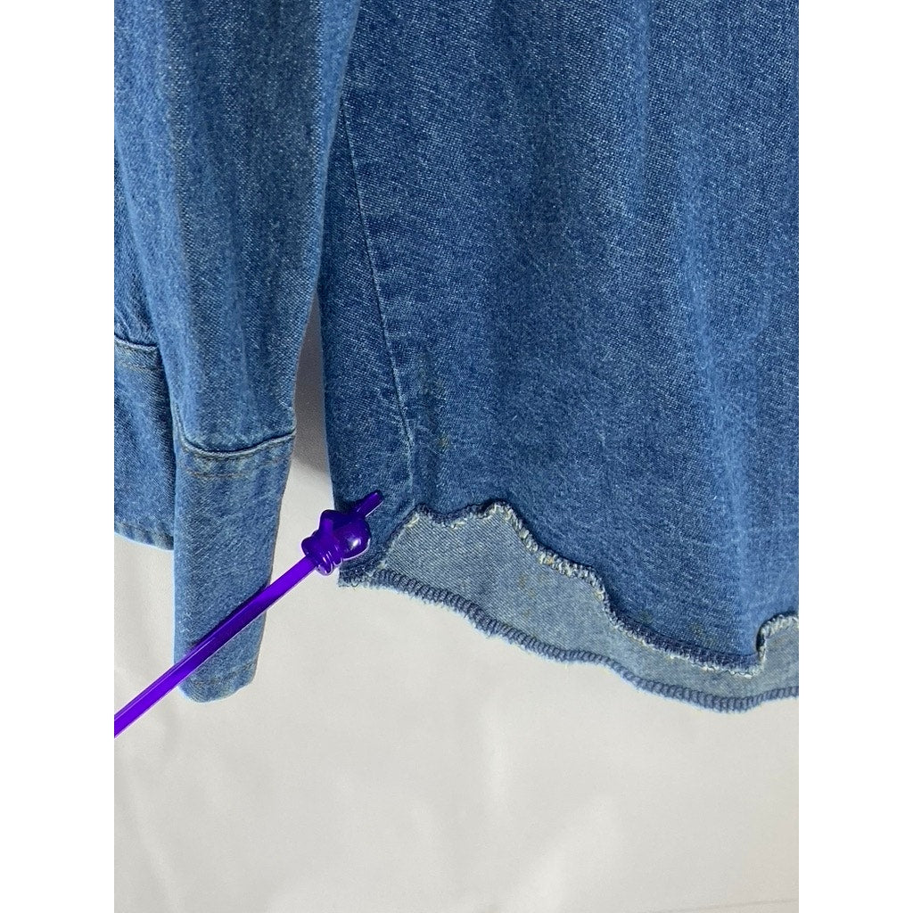 WRANGLER Men's Dark Blue Denim Regular-Fit Distressed Button-Up Shirt SZ 15.5 33