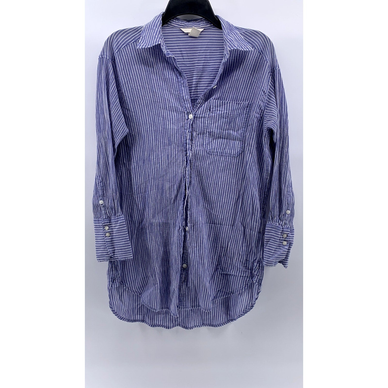 H&M Women's Blue Micro Stripe Oversized Button-Up Long Sleeve Tunic Top SZ XS