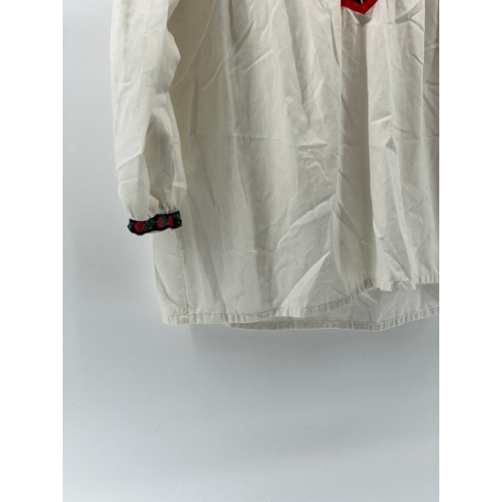 UNBRANDED Women's White-Red-Black Floral Embroidered Relaxed Fit Top SZ L