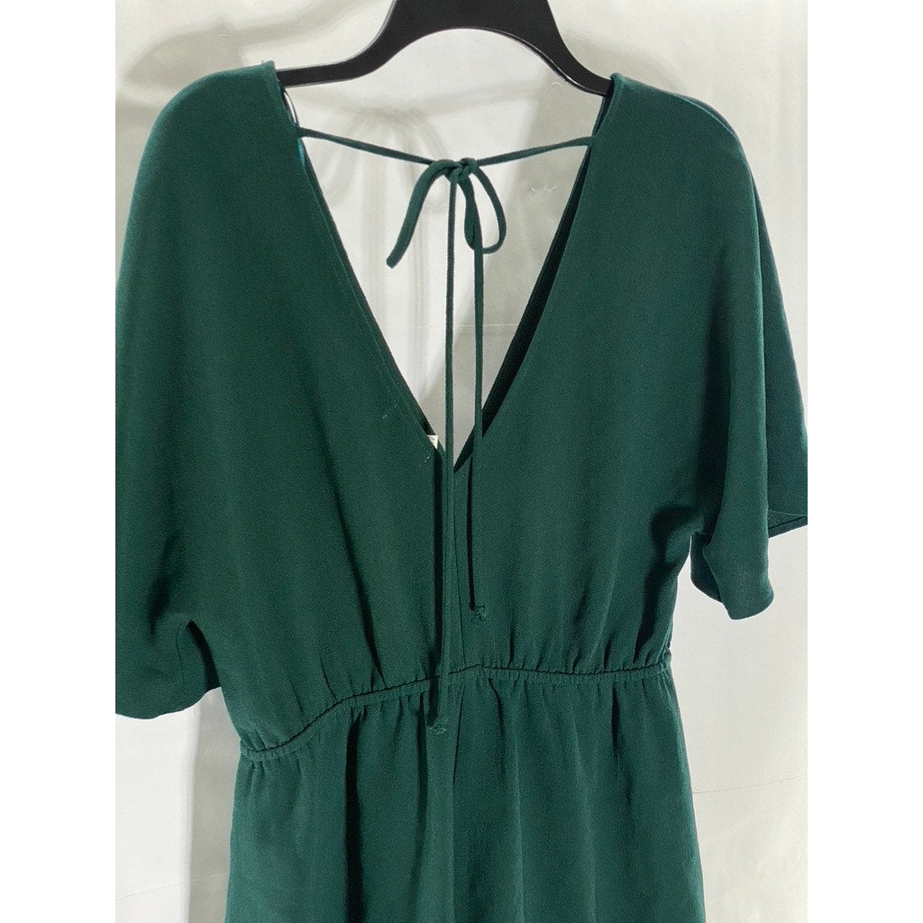 LEITH Women's Dark Green Emerald V-Neck Flowy Short Sleeve Tie-Back Romper SZ M