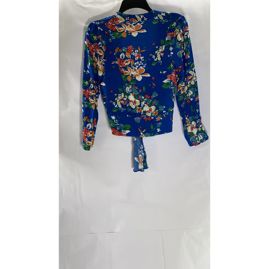 ROLLA'S Women's Royal Blue Floral Delilah Wrap Long Sleeve Top SZ S