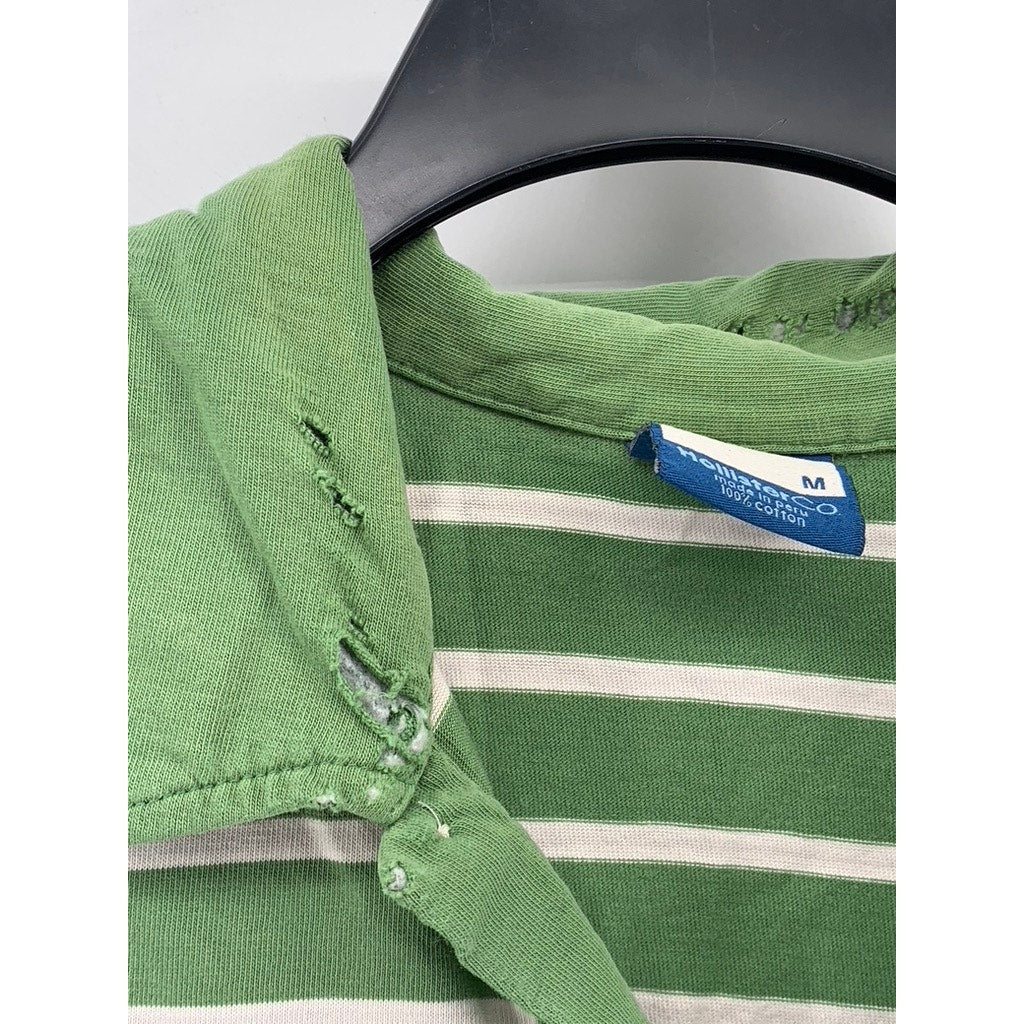 HOLLISTER CO. Men's Green-White Striped Regular-Fit Casual Short Sleeve Polo SZM