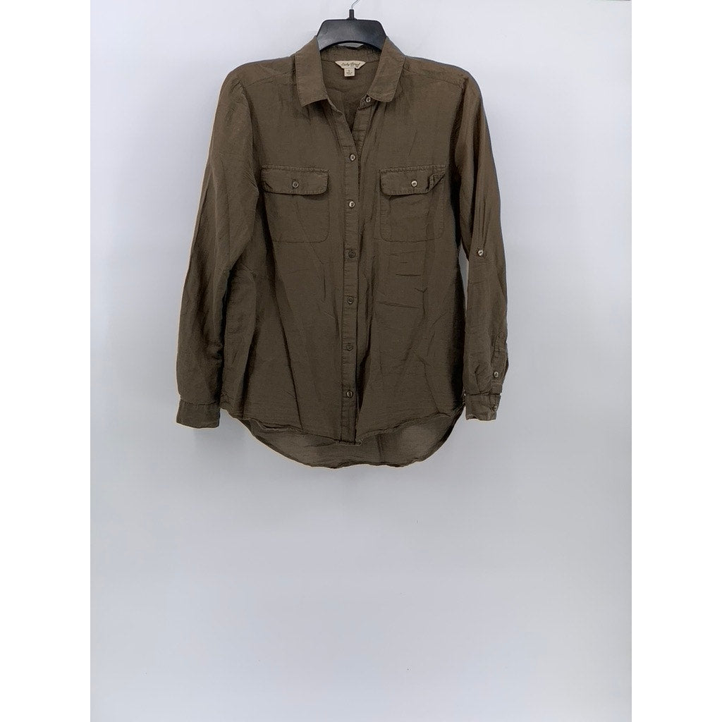 LUCKY BRAND Women's Brown Solid Button-Up Regular-Fit Long Sleeve Top SZ S