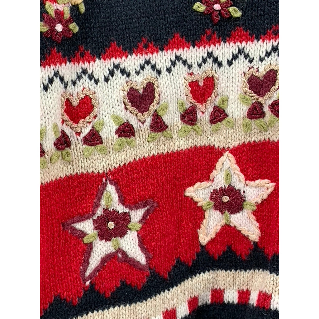HEIRLOOM Women's Vintage Red Knit Hearts/Stars/American Flag Cardigan SZ XL