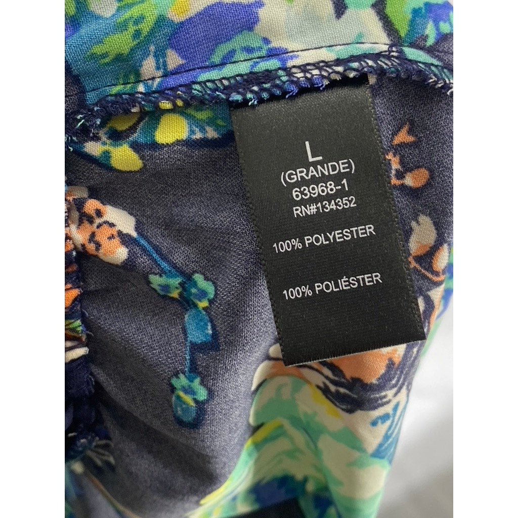 AMBIANCE APPAREL Women’s Navy Blue-Green Floral Print Elastic Waist Mini Skirt L