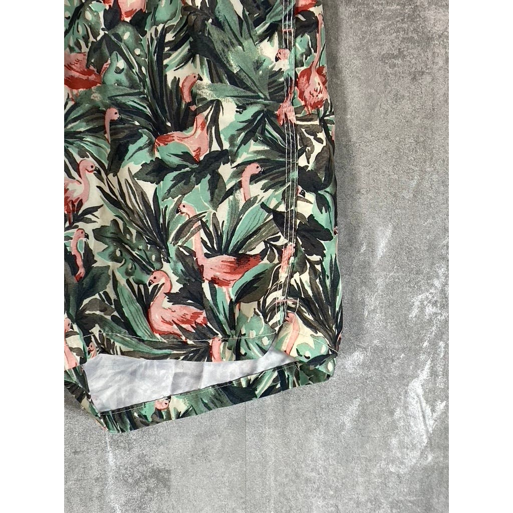 GOODFELLOW & CO Men's Green Palm Flamingo Print Drawstring Swimtrunks SZ M
