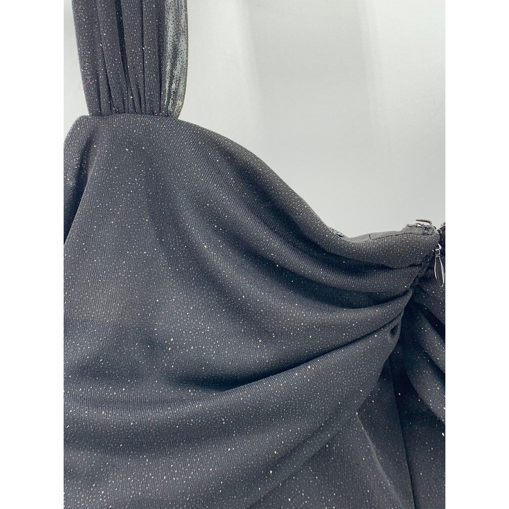 ALEX EVENINGS Women's Petite Black Shimmer Cold-Shoulder Draped Dress SZ 14P
