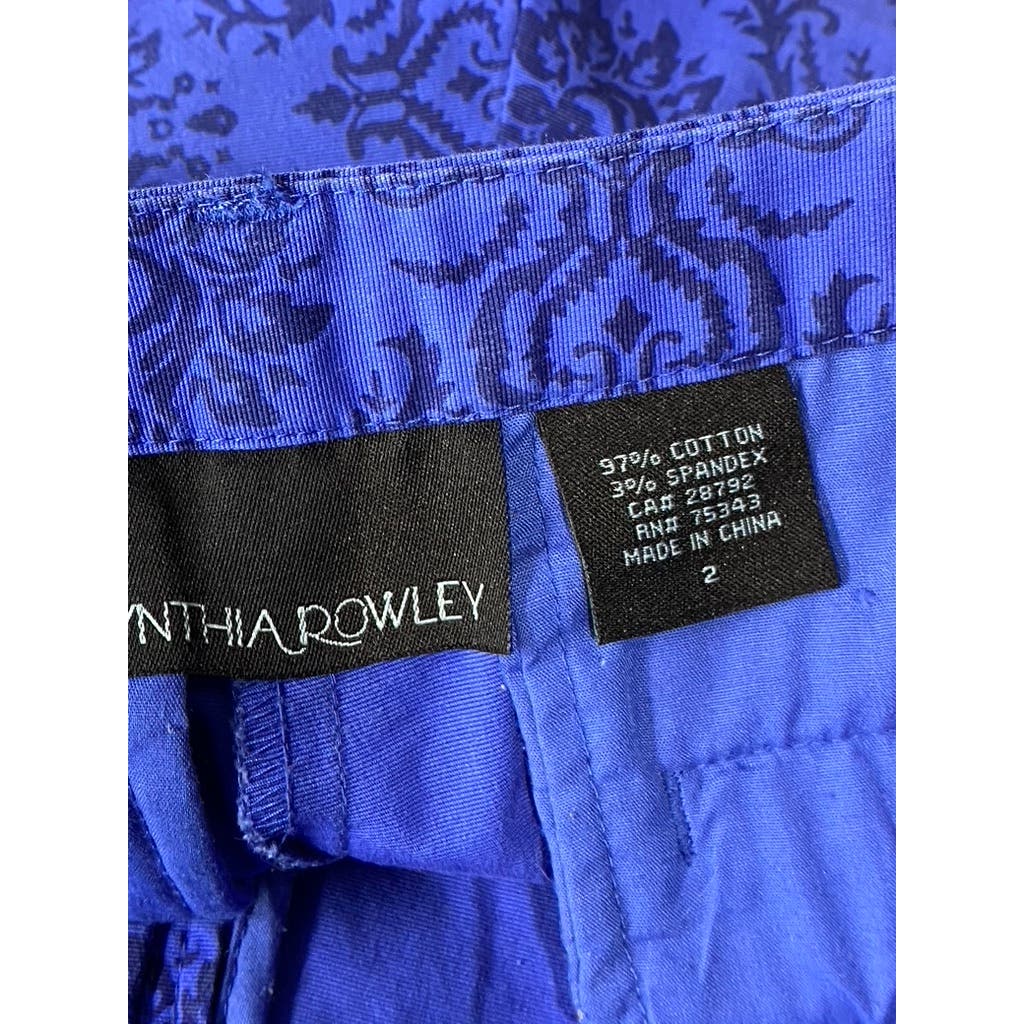 CYNTHIA ROWLEY Women's Royal Blue/Black Damask Print Chino Shorts SZ 2